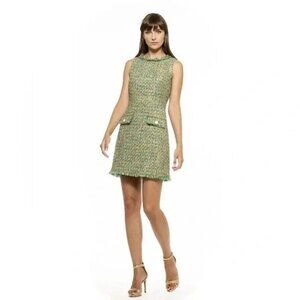 Alexia Admor Green and Gold Tweed Sheath Dress Size 14